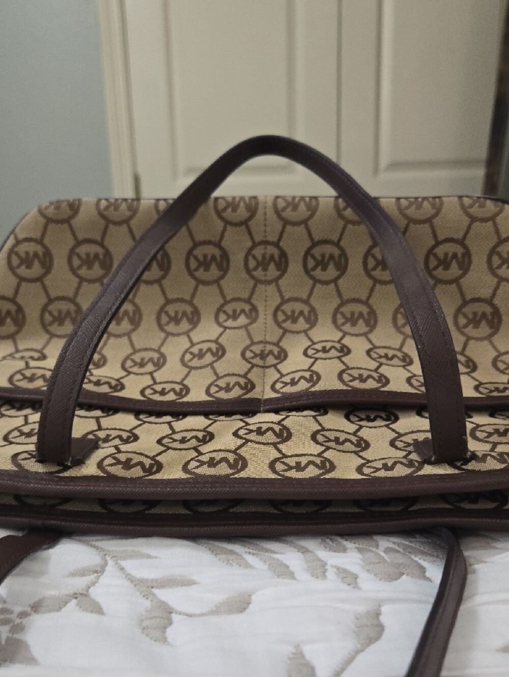 Michael Kors Brown and Beige MK Monogram Tote - Picture 5 of 13